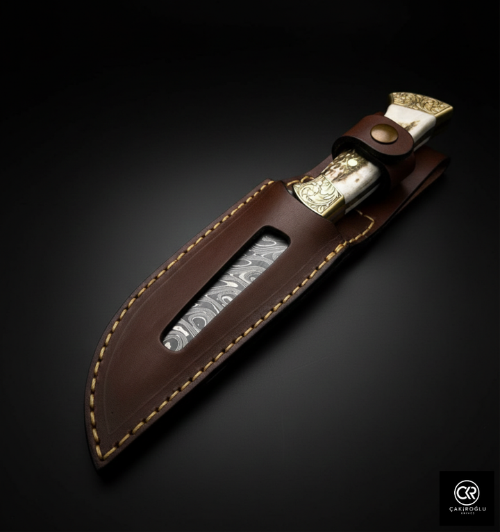 Handcrafted Custom-made Damascus Steel Hunting Knife - Deer Antler Handle & Brass Apron