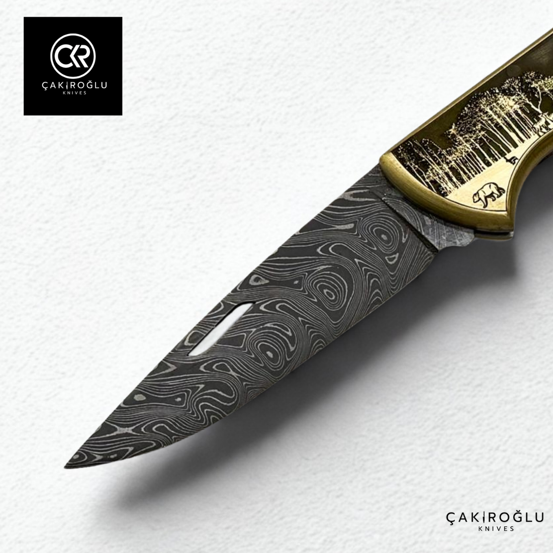 Showy Limited Edition Large Size Handcrafted Custom-made Folding Collectible Knife - Damascus Steel & Engraved Brass Handle