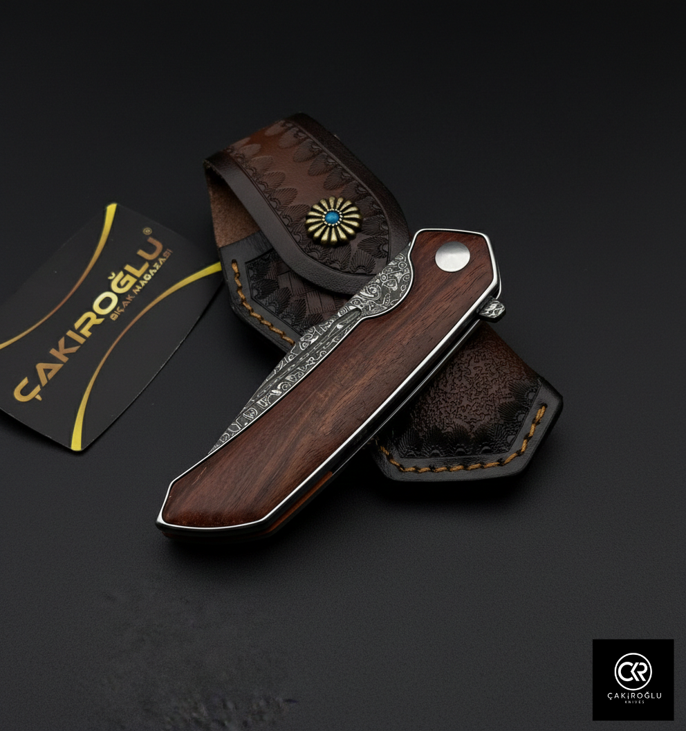 Damascus Steel Folding Knife with Cocobolo Handle