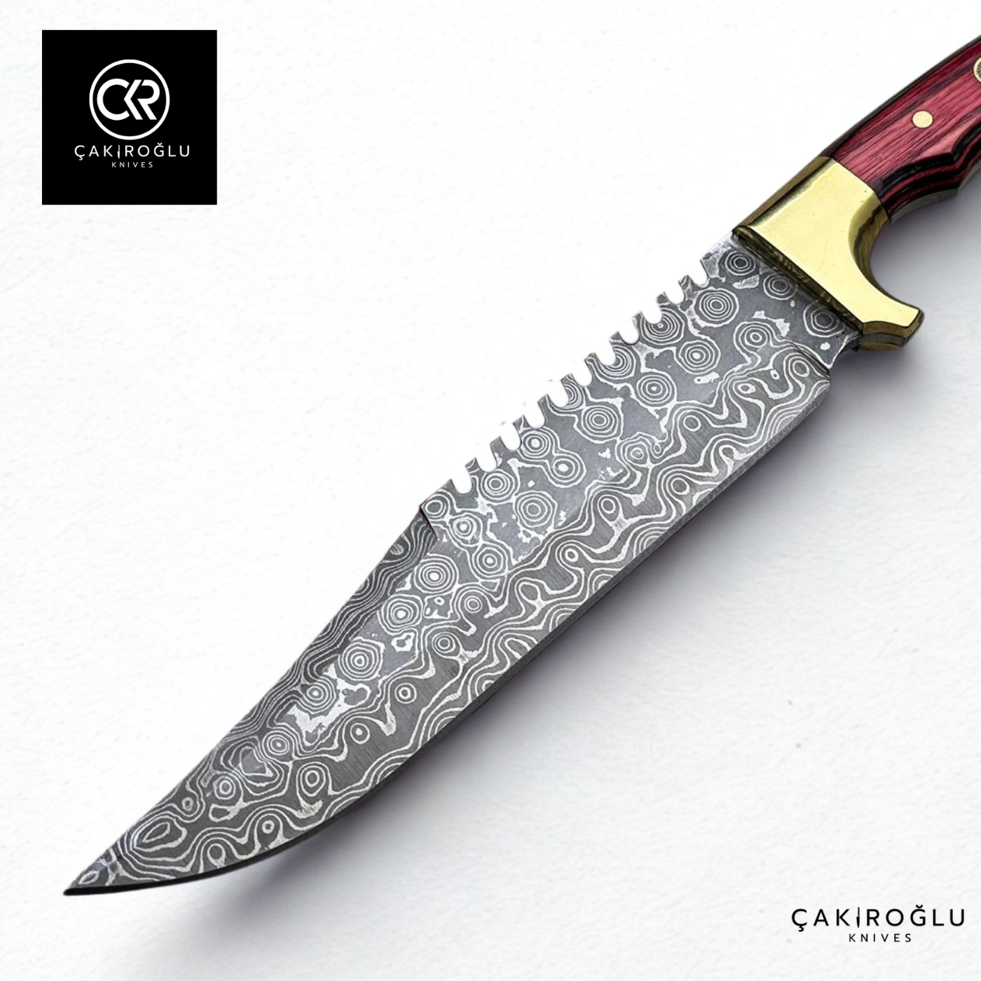 Damascus Elegance Handcrafted Knife – Wood Laminated Handle & Brass Apron