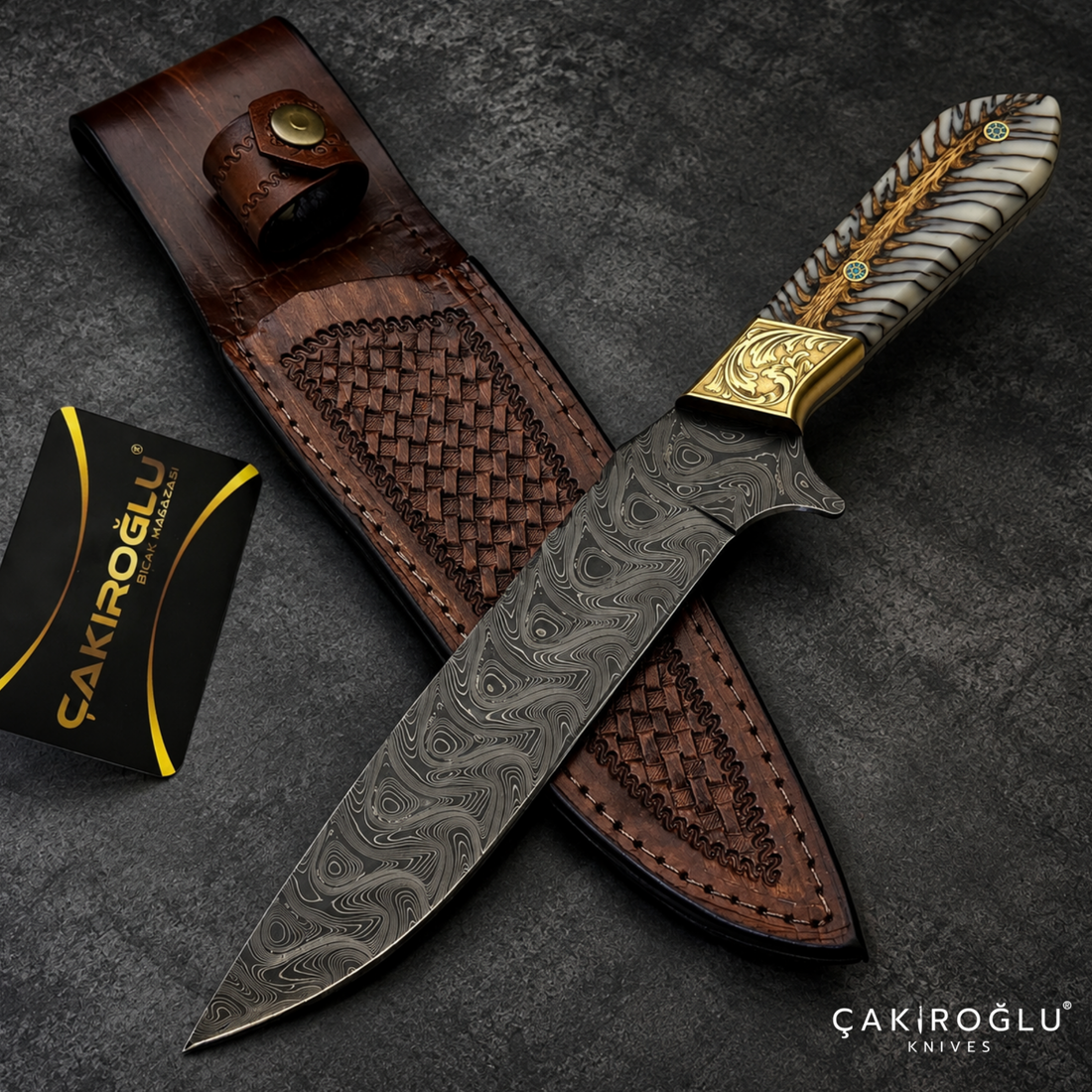 Handmade Damascus Steel Hunting Machete Knife, Leather Sheath - Epoxy Pine Cone Handle