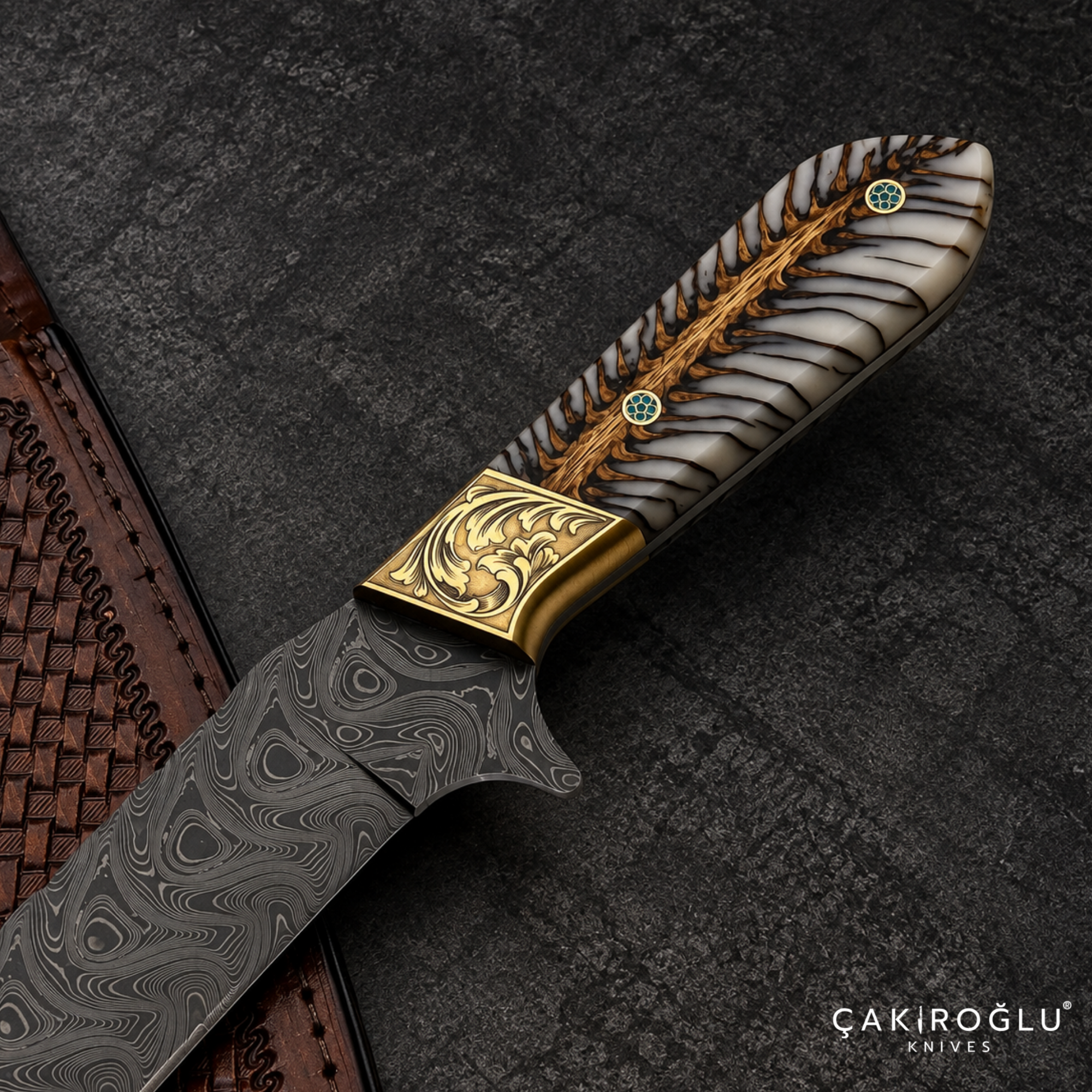 Handmade Damascus Steel Hunting Machete Knife, Leather Sheath - Epoxy Pine Cone Handle