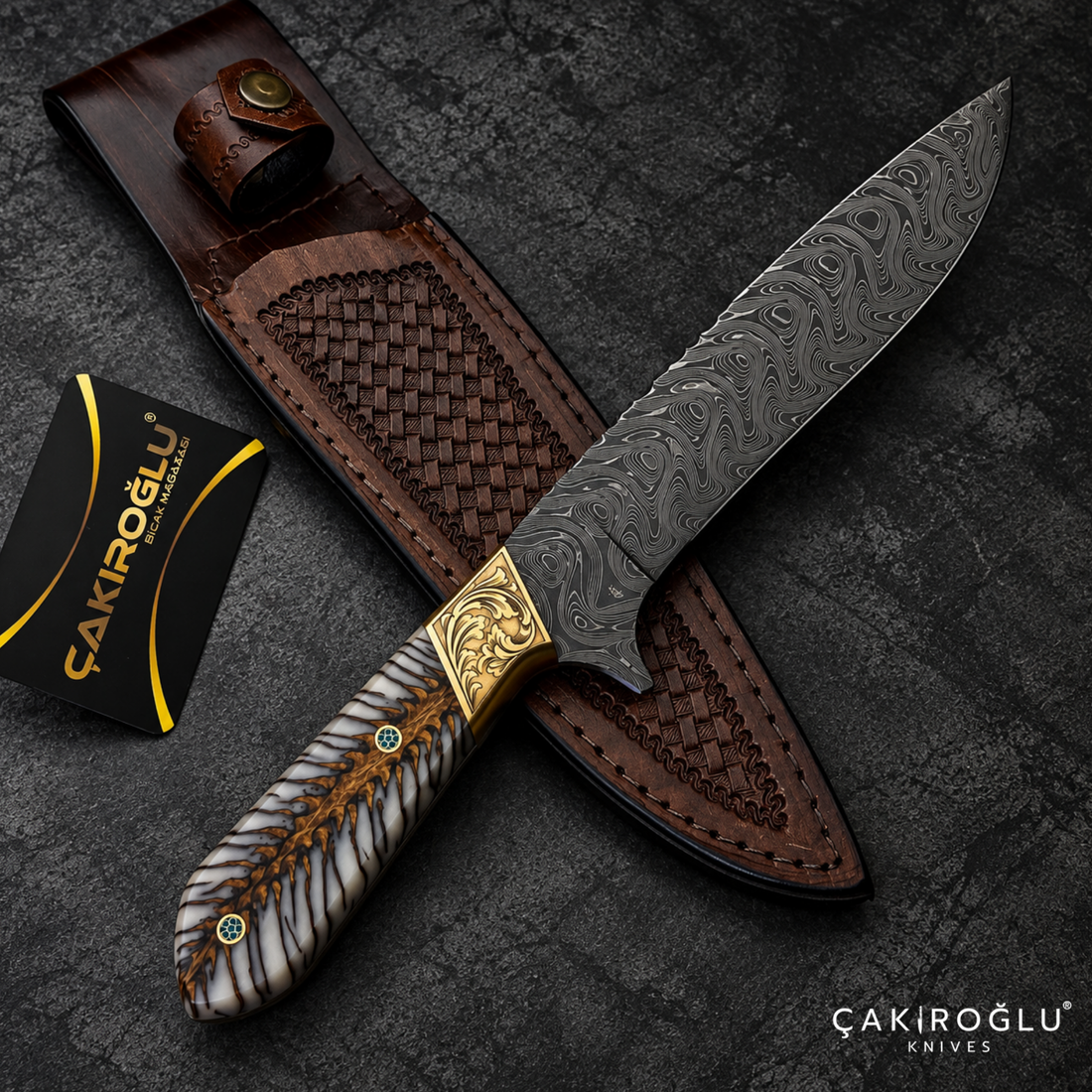 Handmade Damascus Steel Hunting Machete Knife, Leather Sheath - Epoxy Pine Cone Handle