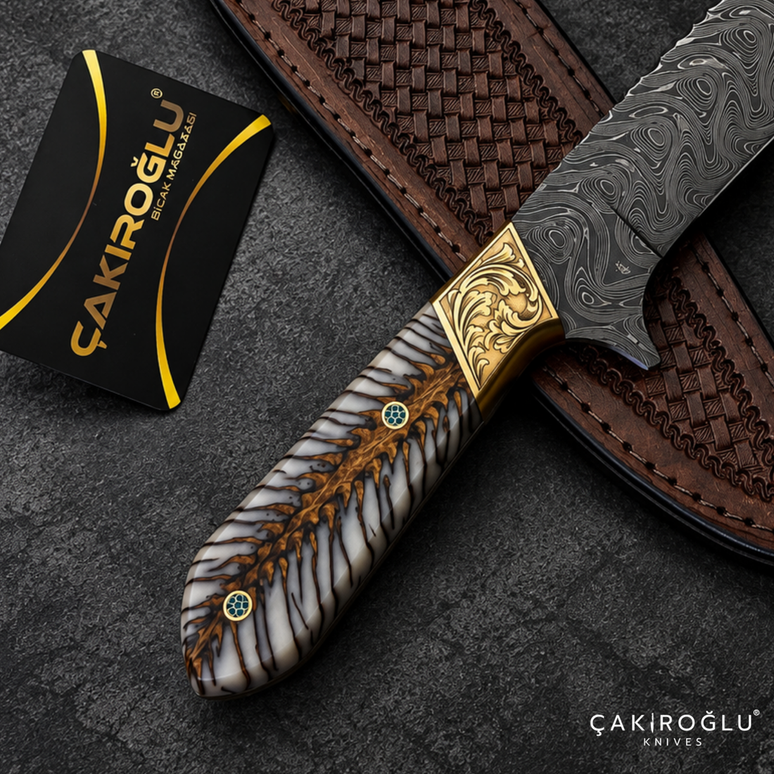 Handmade Damascus Steel Hunting Machete Knife, Leather Sheath - Epoxy Pine Cone Handle