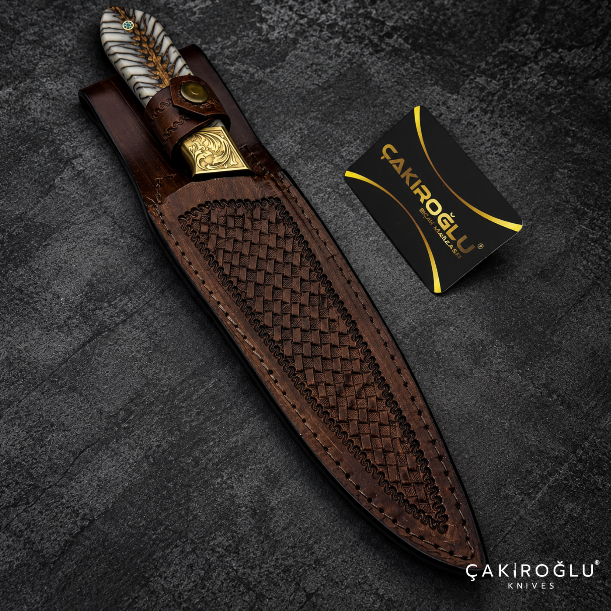 Handmade Damascus Steel Hunting Machete Knife, Leather Sheath - Epoxy Pine Cone Handle