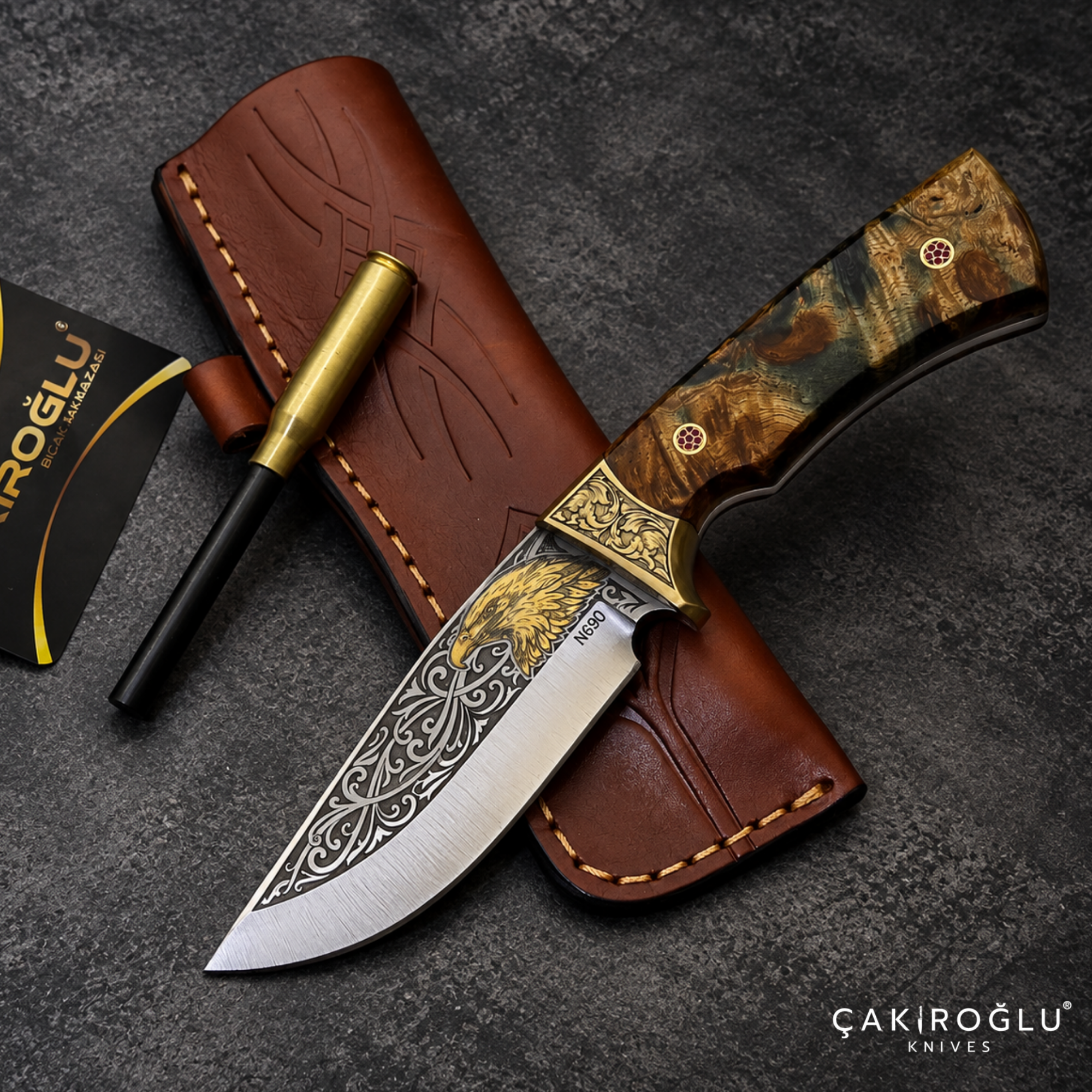 Çakıroğlu Noblie - Handmade N690 Hunting Knife – 24K Gold Engraved, Stabilized Handle, Red Velvet Box