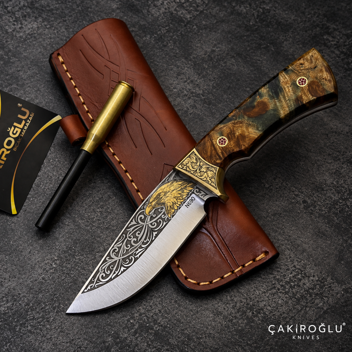 Çakıroğlu Noblie - Handmade N690 Hunting Knife – 24K Gold Engraved, Stabilized Handle, Red Velvet Box