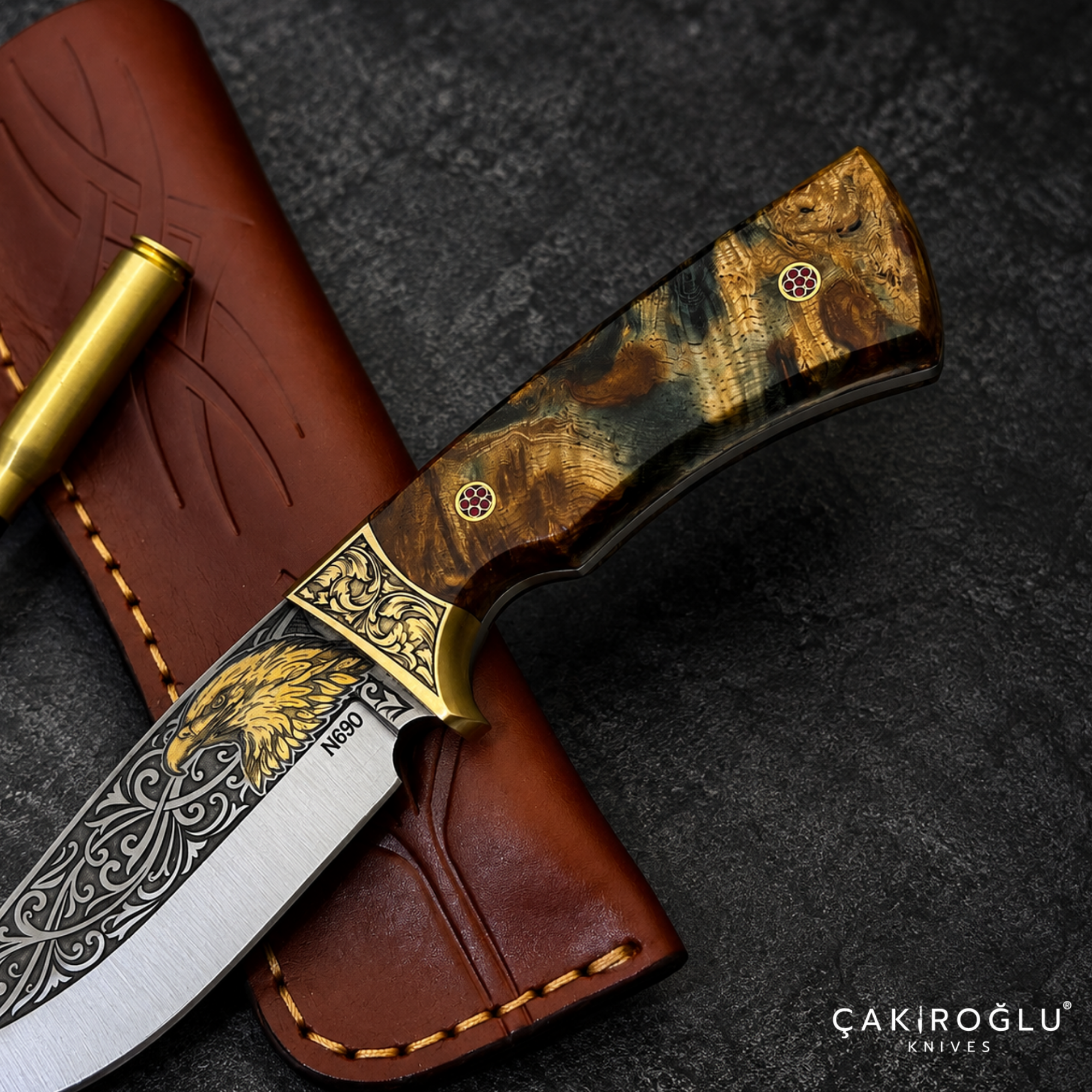 Çakıroğlu Noblie - Handmade N690 Hunting Knife – 24K Gold Engraved, Stabilized Handle, Red Velvet Box