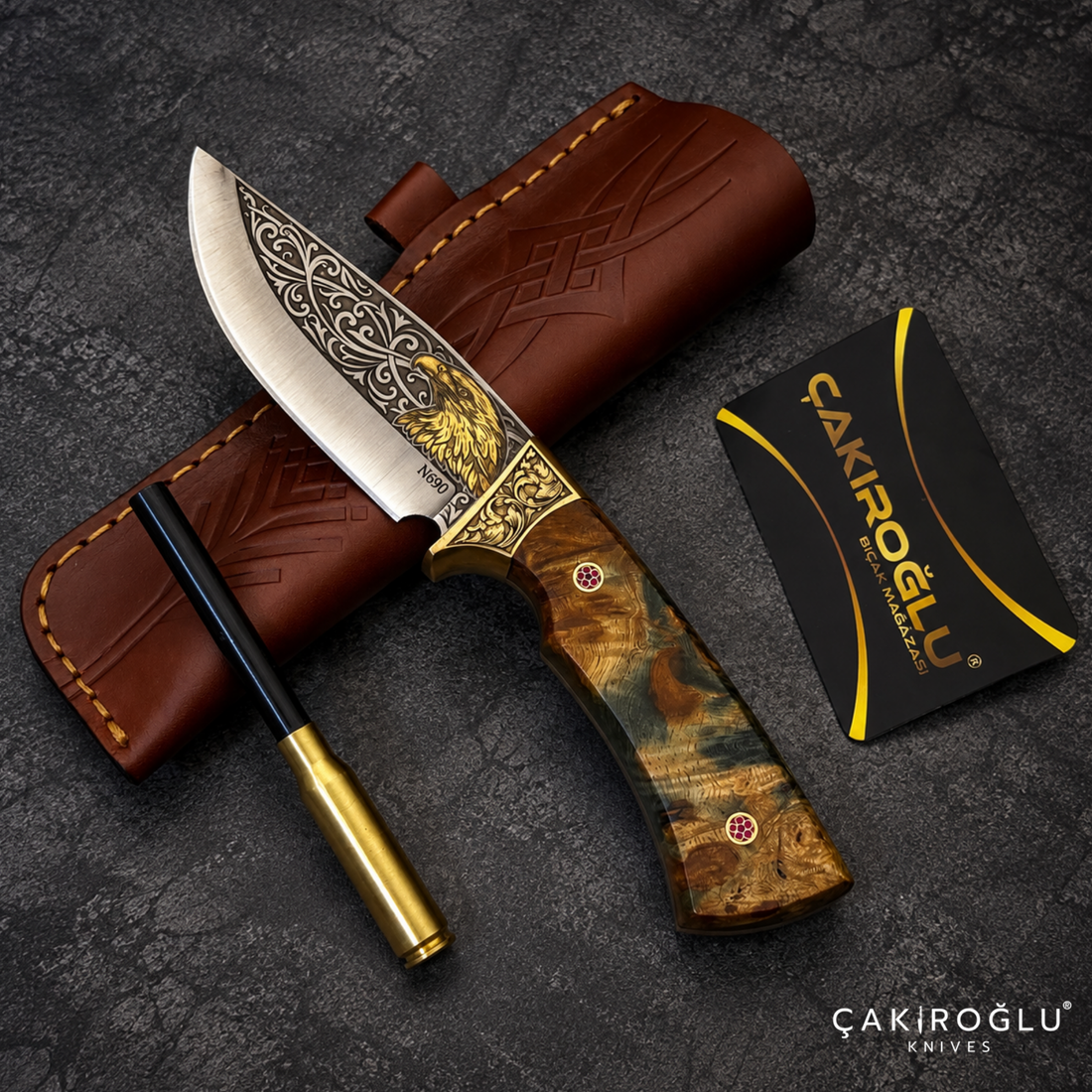 Çakıroğlu Noblie - Handmade N690 Hunting Knife – 24K Gold Engraved, Stabilized Handle, Red Velvet Box