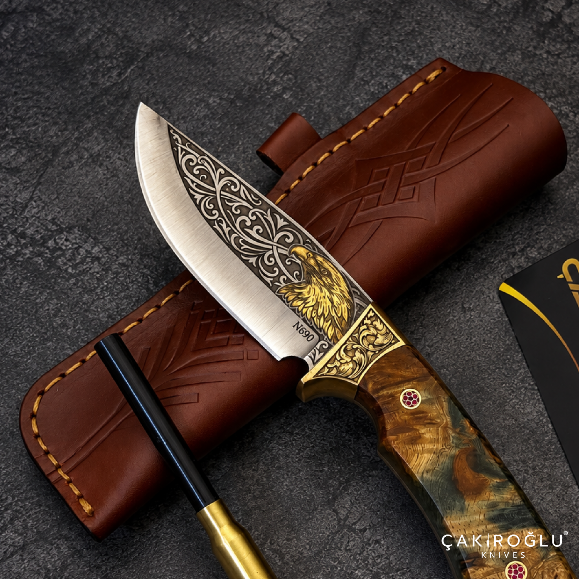 Çakıroğlu Noblie - Handmade N690 Hunting Knife – 24K Gold Engraved, Stabilized Handle, Red Velvet Box
