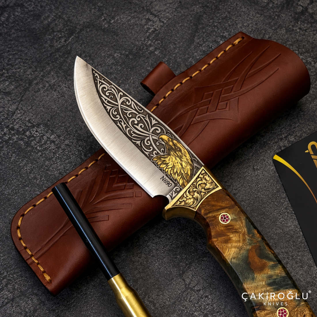 Çakıroğlu Noblie - Handmade N690 Hunting Knife – 24K Gold Engraved, Stabilized Handle, Red Velvet Box