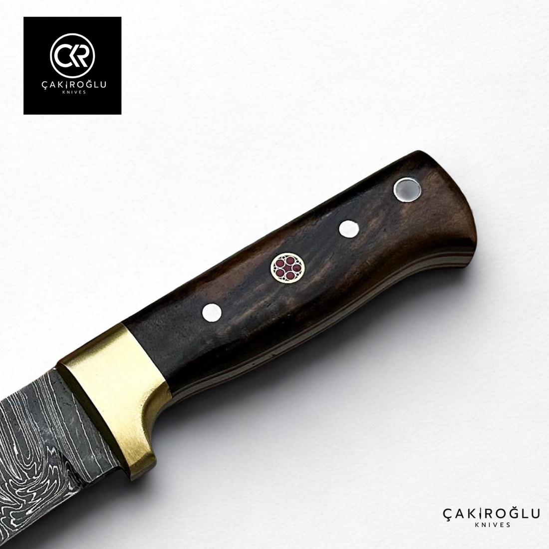 Handcrafted Custom-made Damascus Steel Bushcraft Hunting Knife - Root Walnut Handle & Brass Apron