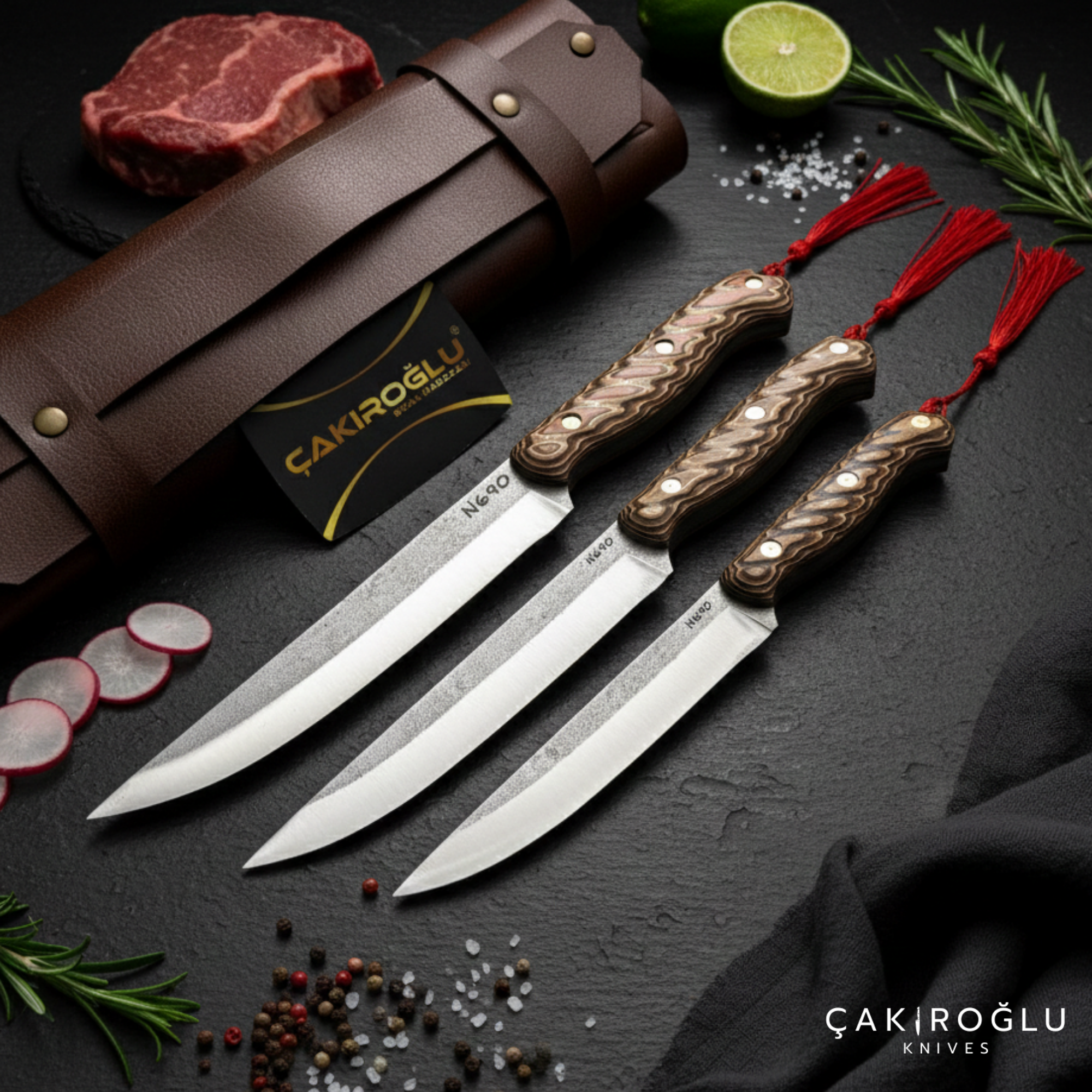 3-Piece N690 Steel Handmade Kitchen Knife Set with Sheath