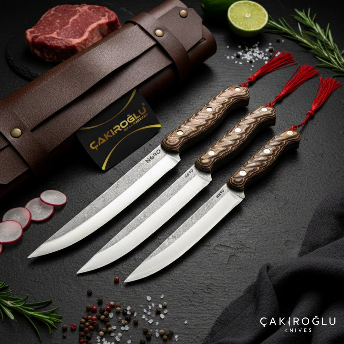 3-Piece N690 Steel Handmade Kitchen Knife Set with Sheath
