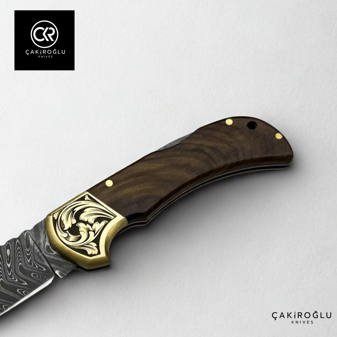 Handcrafted Custom Folding Knife - Damascus Steel & Engraved Brass Apron