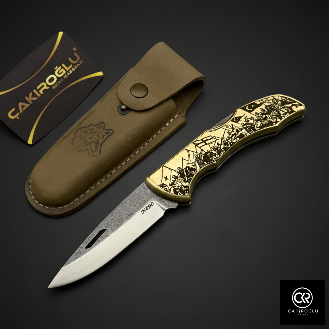 Showy Series - Ottoman War Design Engraved Brass Handle Folding Knife