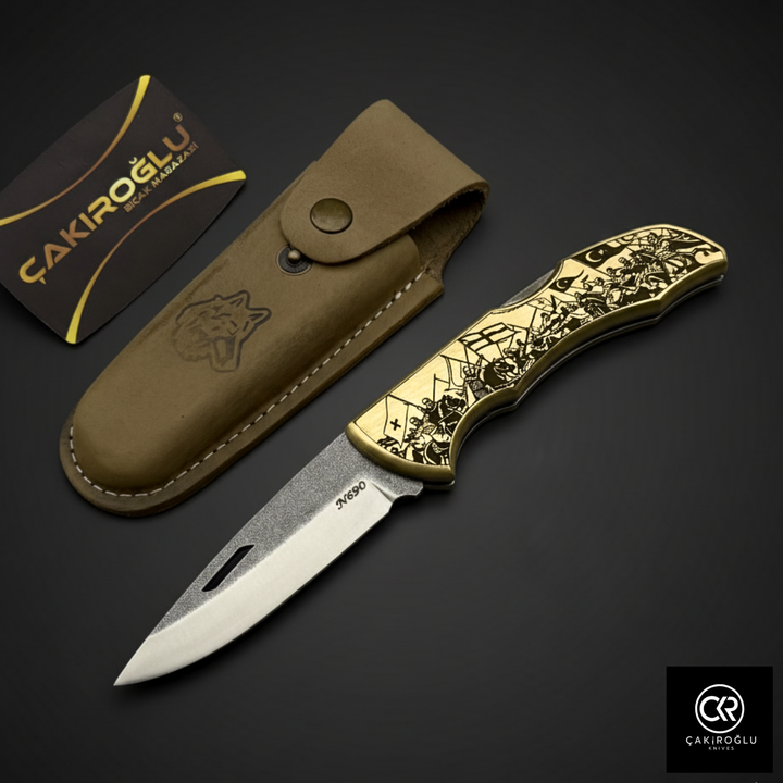 Showy Series - Ottoman War Design Engraved Brass Handle Folding Knife