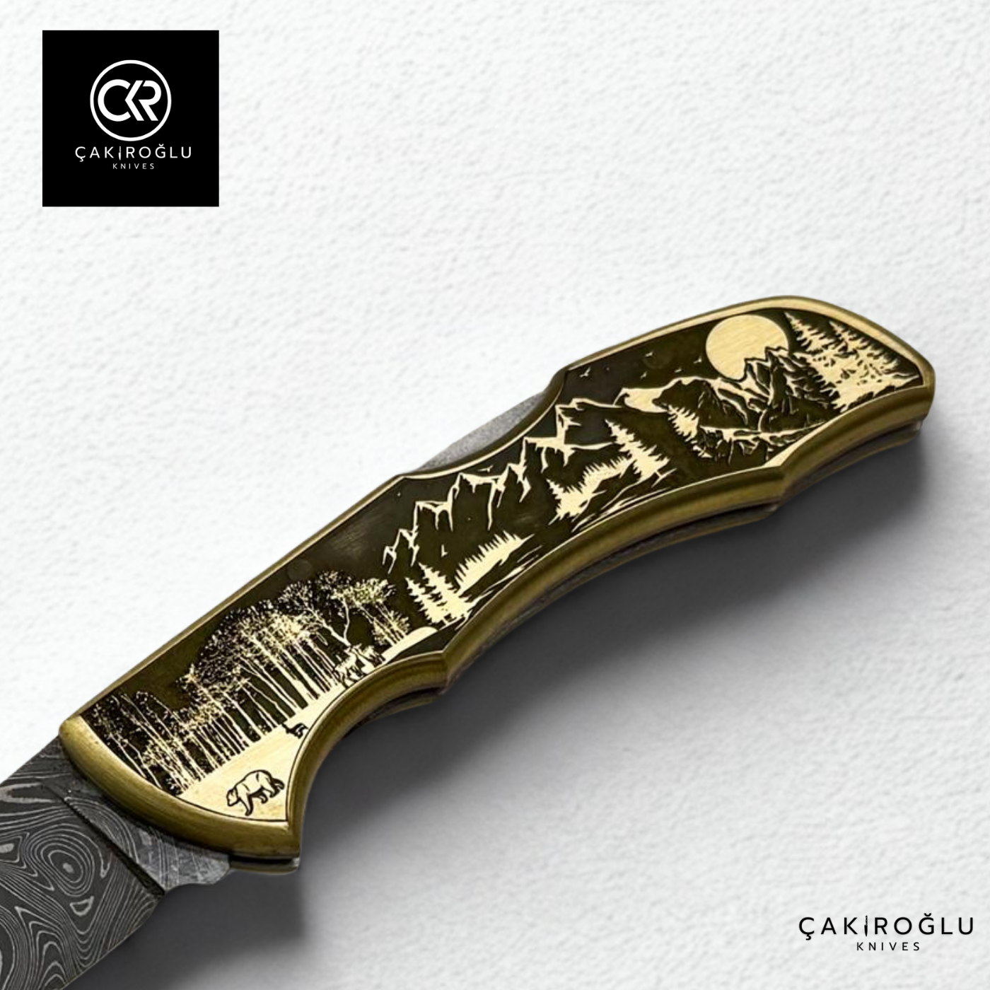 Showy Limited Edition Large Size Handcrafted Custom-made Folding Collectible Knife - Damascus Steel & Engraved Brass Handle