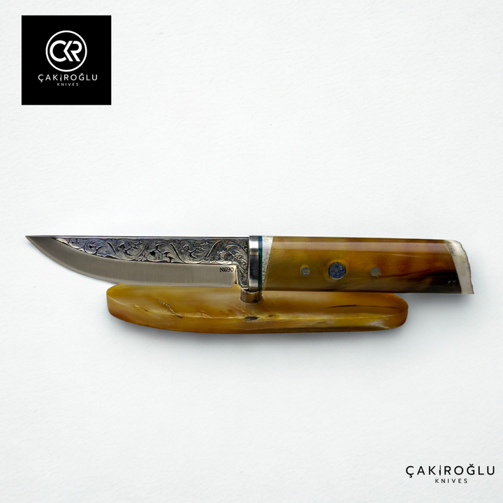 Custom Engraved Knife with Bone Stand - Bone (Ram Horn) Handle