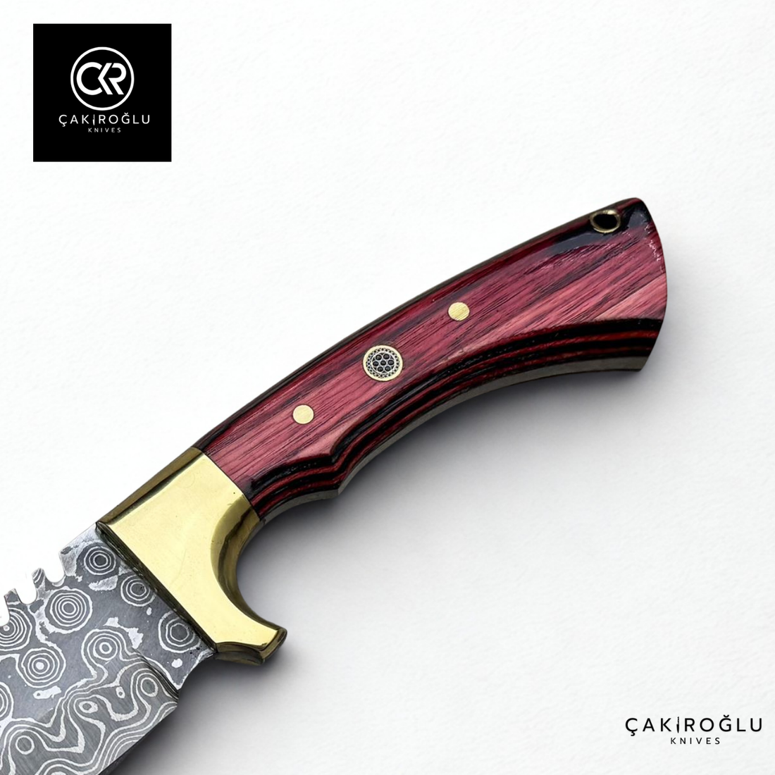 Damascus Elegance Handcrafted Knife – Wood Laminated Handle & Brass Apron