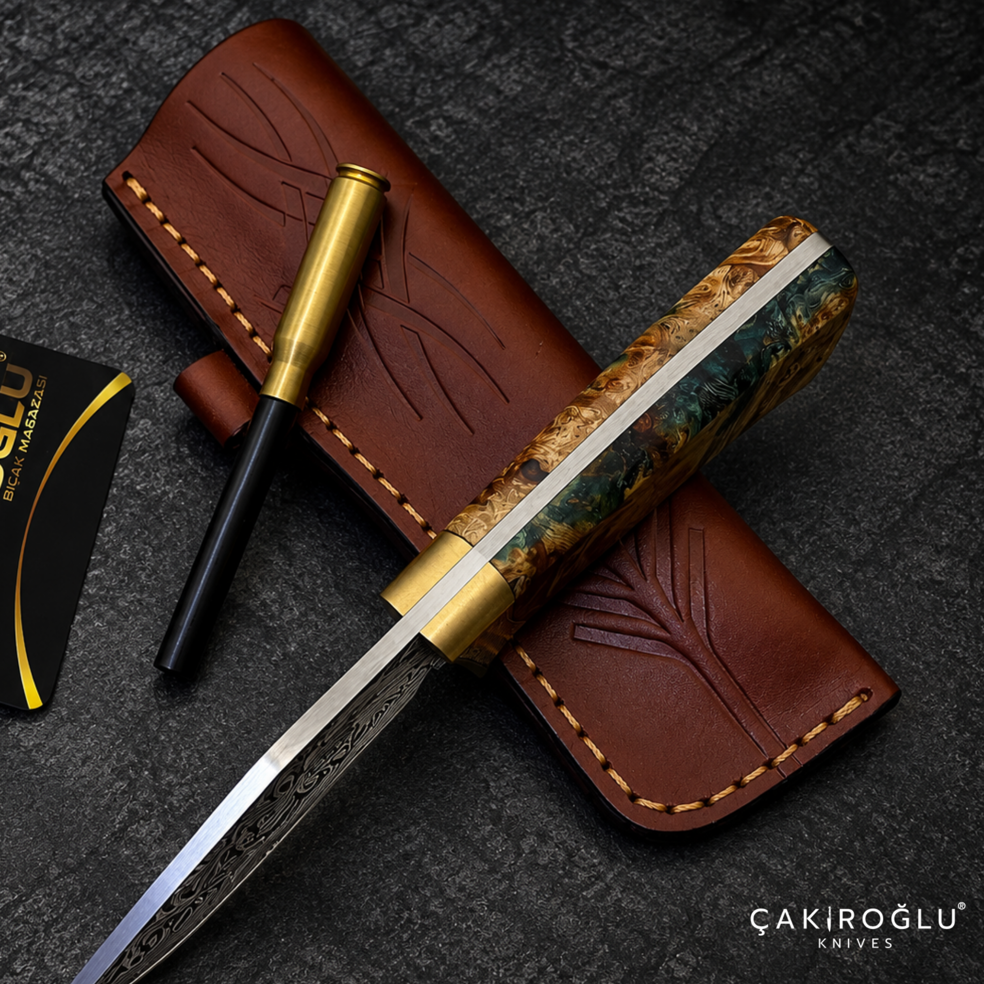 Çakıroğlu Noblie - Handmade N690 Hunting Knife – 24K Gold Engraved, Stabilized Handle, Red Velvet Box