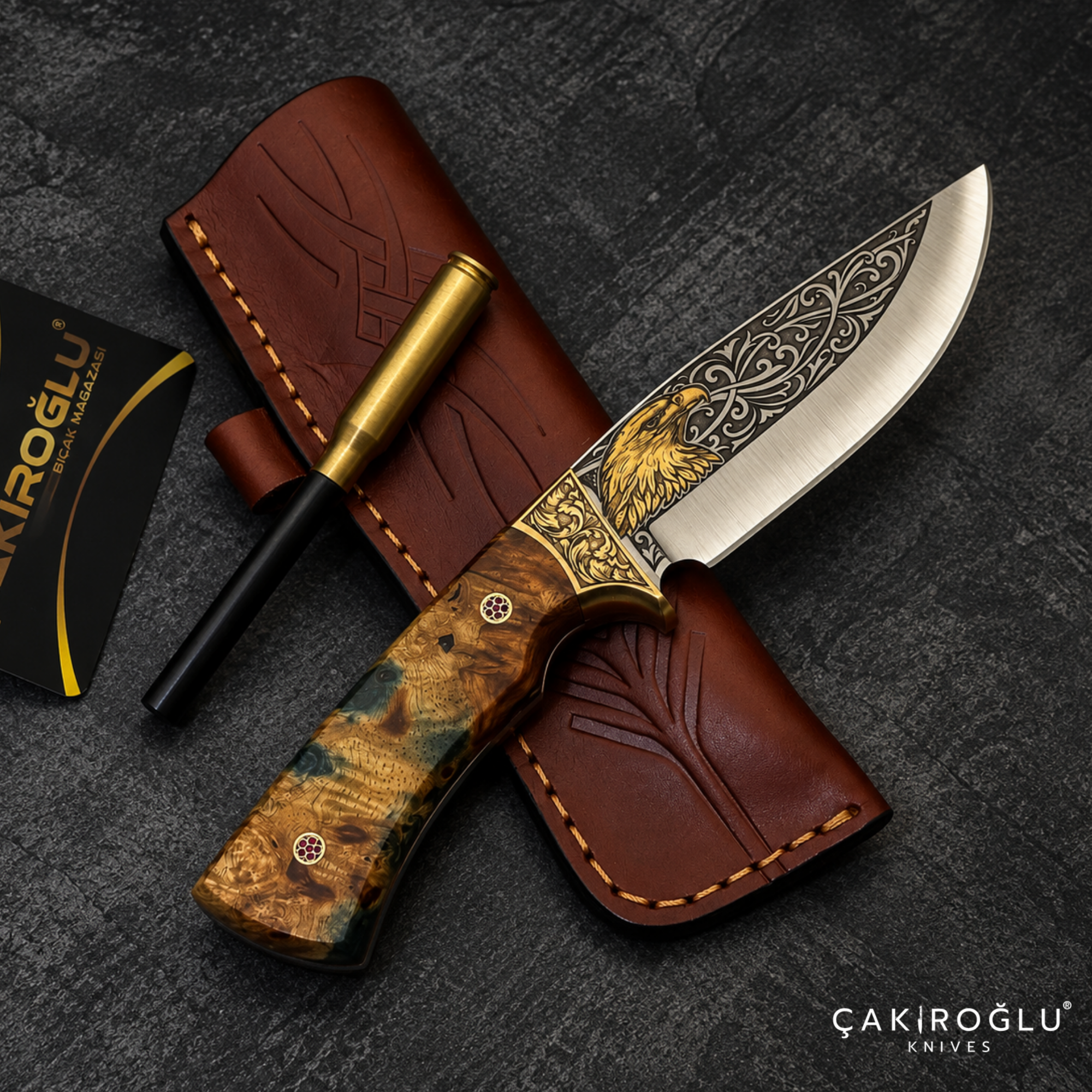 Çakıroğlu Noblie - Handmade N690 Hunting Knife – 24K Gold Engraved, Stabilized Handle, Red Velvet Box