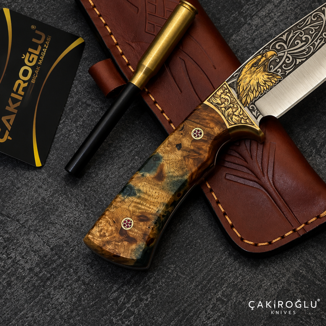 Çakıroğlu Noblie - Handmade N690 Hunting Knife – 24K Gold Engraved, Stabilized Handle, Red Velvet Box
