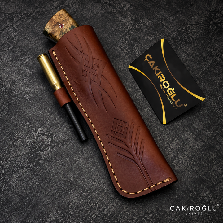 Çakıroğlu Noblie - Handmade N690 Hunting Knife – 24K Gold Engraved, Stabilized Handle, Red Velvet Box