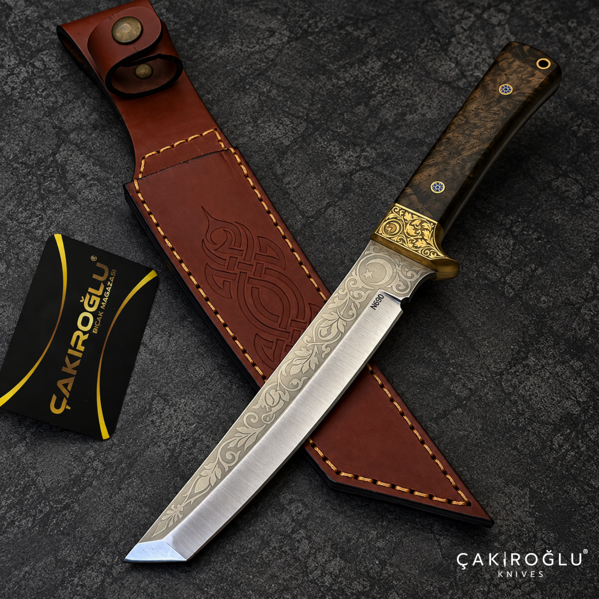 Çakıroğlu Tusk - N690 Steel Engraved Tanto Hunting Knife with Walnut Handle & Sheath
