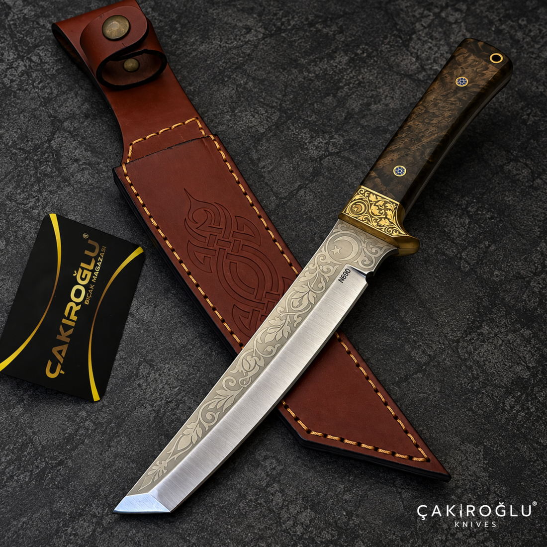 Çakıroğlu Tusk - N690 Steel Engraved Tanto Hunting Knife with Walnut Handle & Sheath
