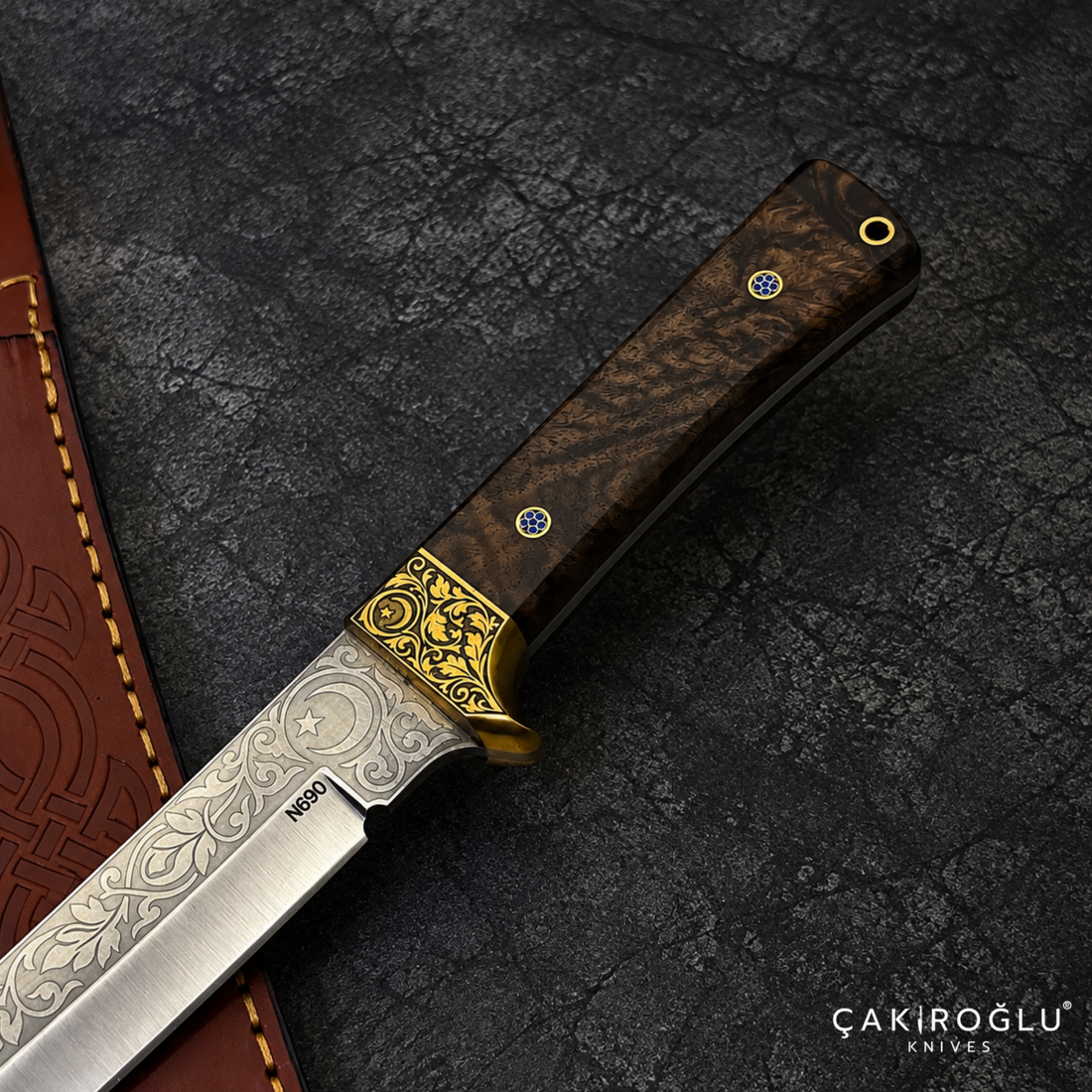 Çakıroğlu Tusk - N690 Steel Engraved Tanto Hunting Knife with Walnut Handle & Sheath