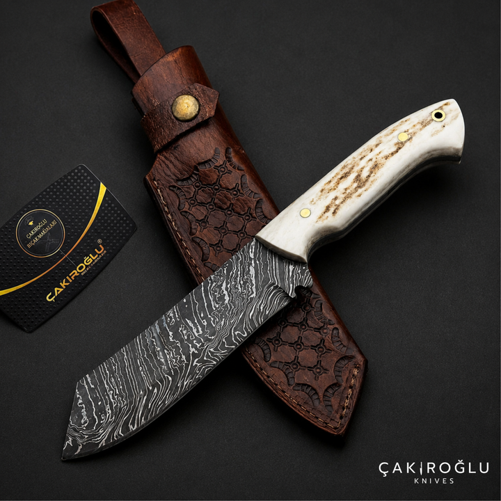 Handcrafted Custom-made Damascus Steel & Deer Antler Handle Hunting Knife