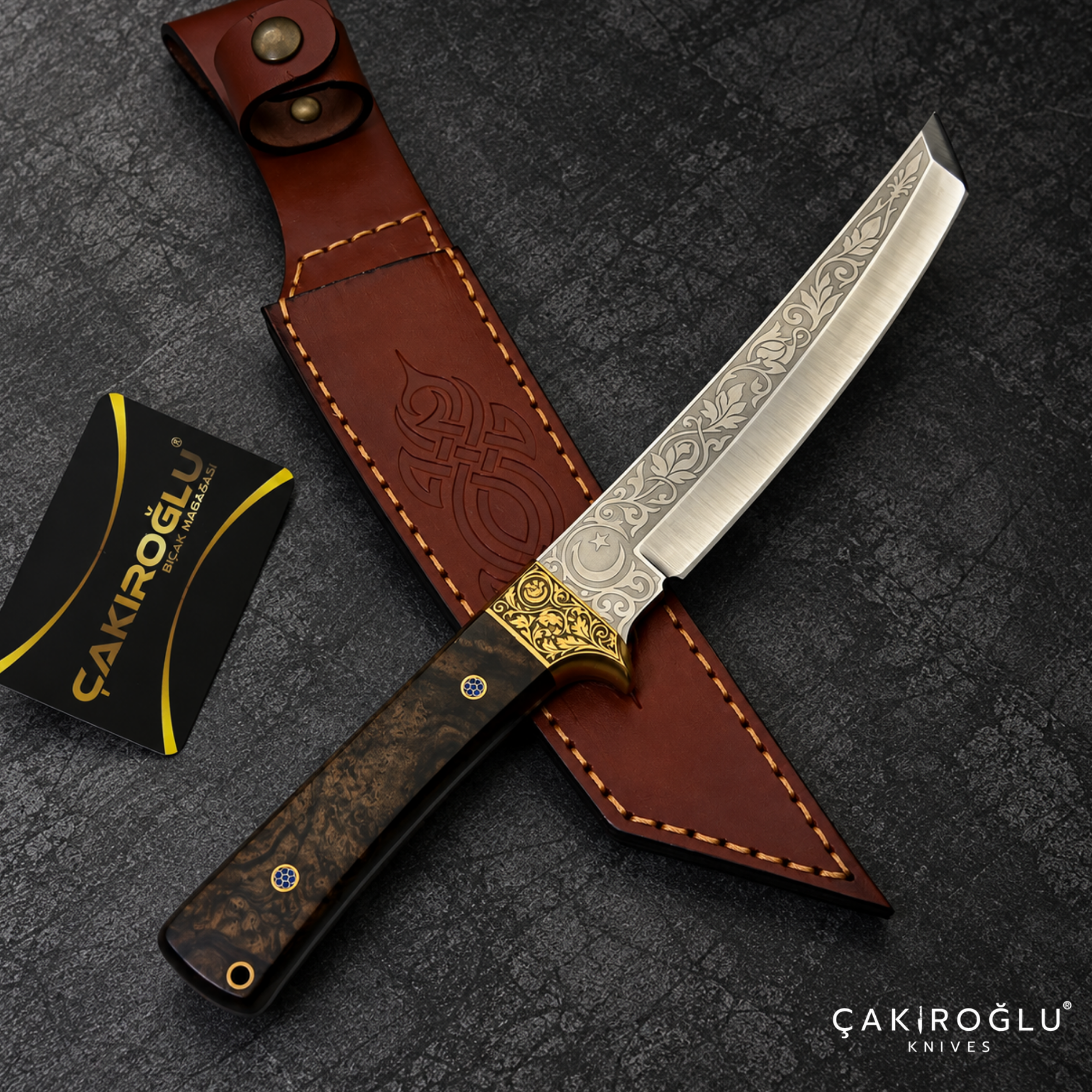 Çakıroğlu Tusk - N690 Steel Engraved Tanto Hunting Knife with Walnut Handle & Sheath