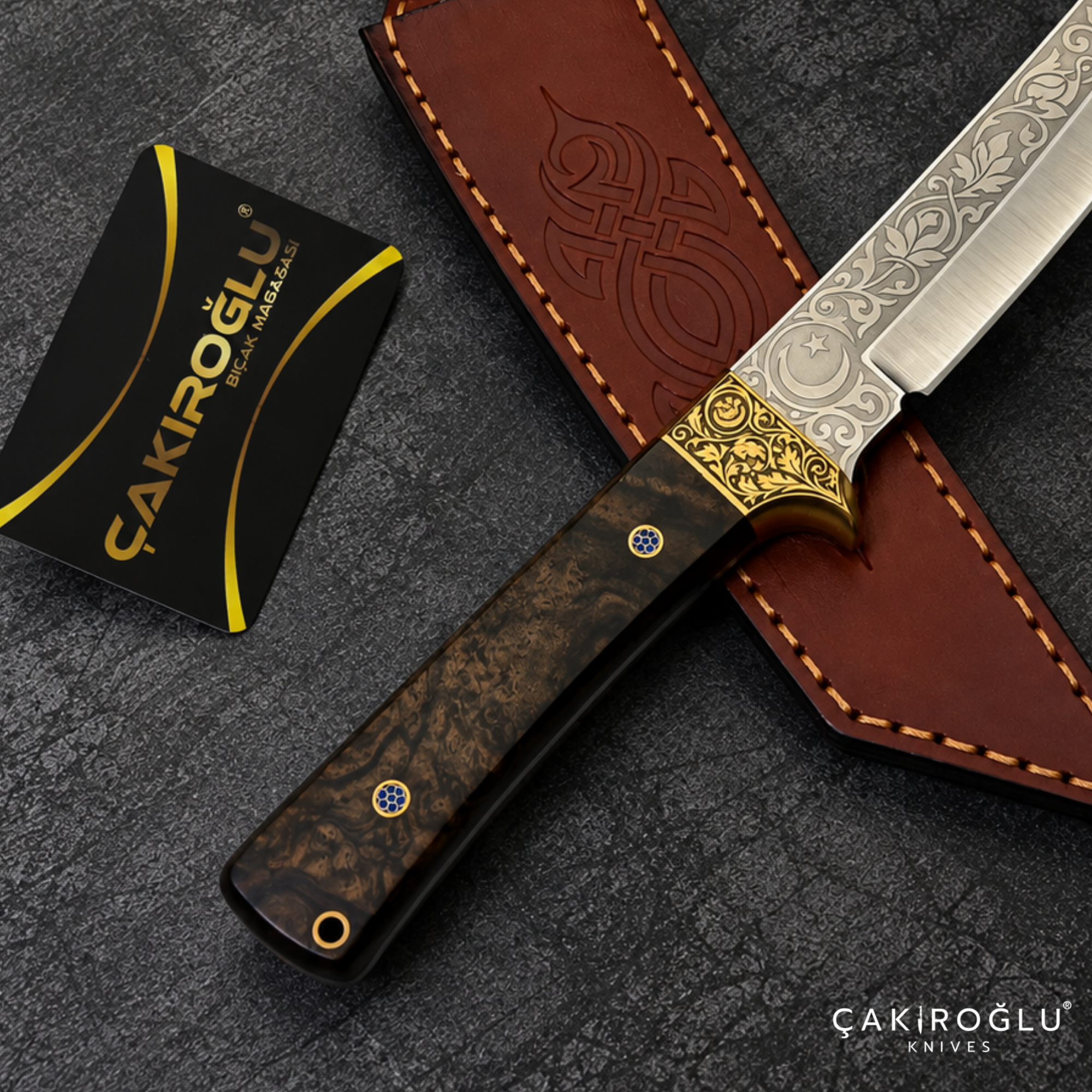 Çakıroğlu Tusk - N690 Steel Engraved Tanto Hunting Knife with Walnut Handle & Sheath