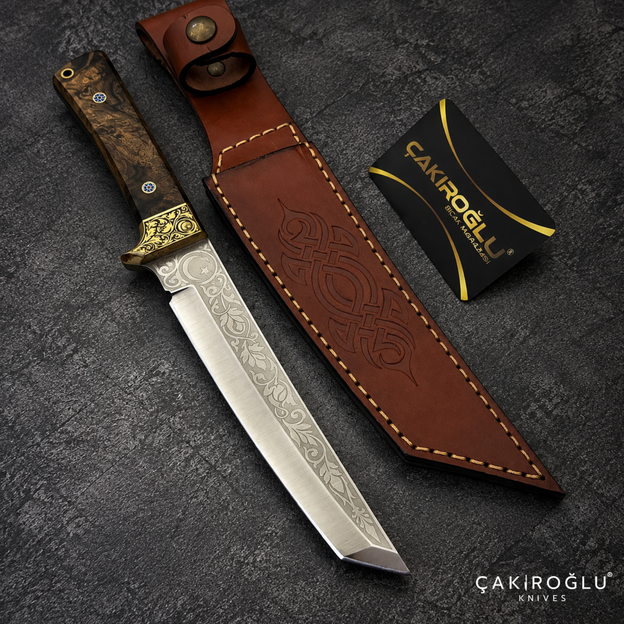 Çakıroğlu Tusk - N690 Steel Engraved Tanto Hunting Knife with Walnut Handle & Sheath