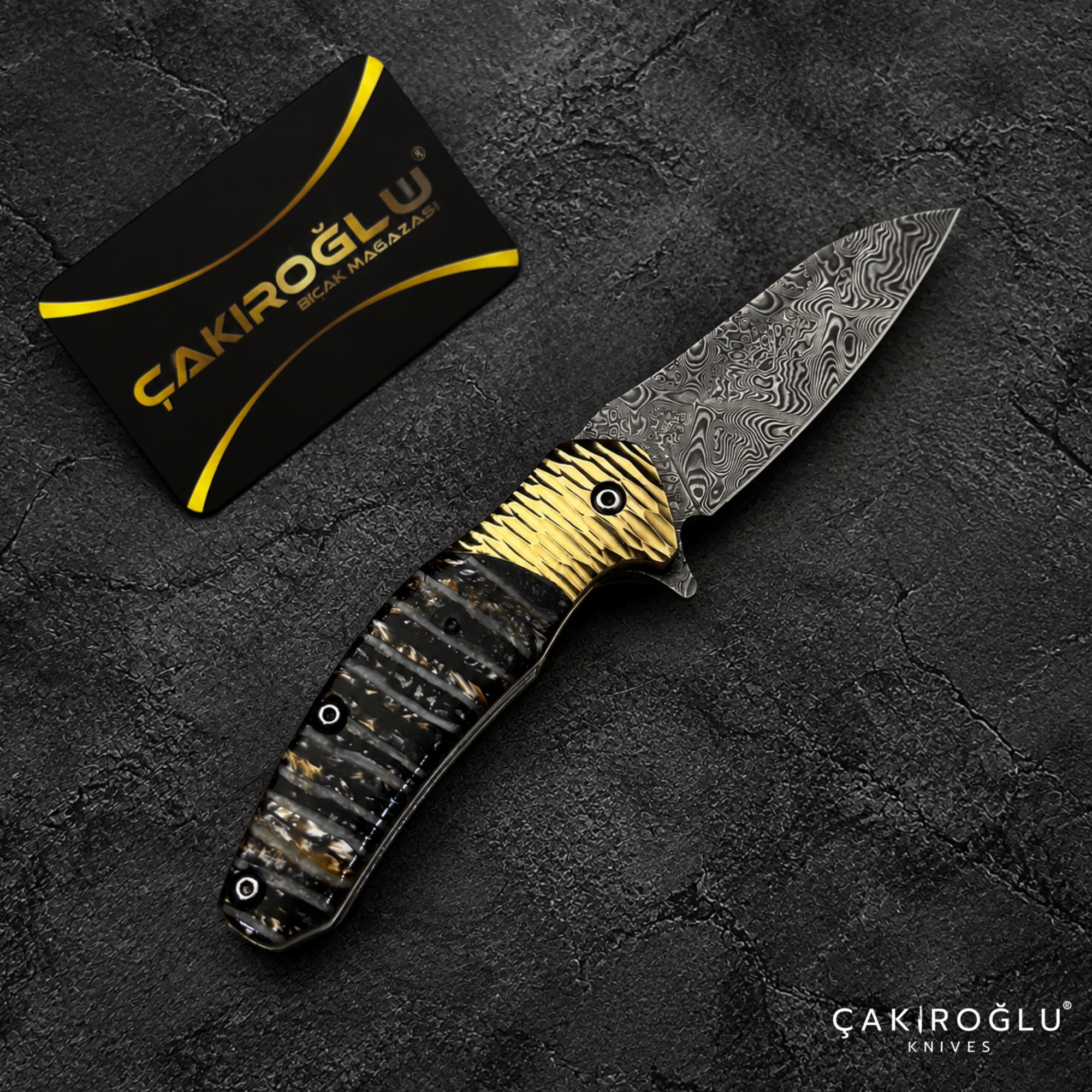Limited Edition Stainless Damascus Steel Folding Knife with Mammoth Tusk Handle