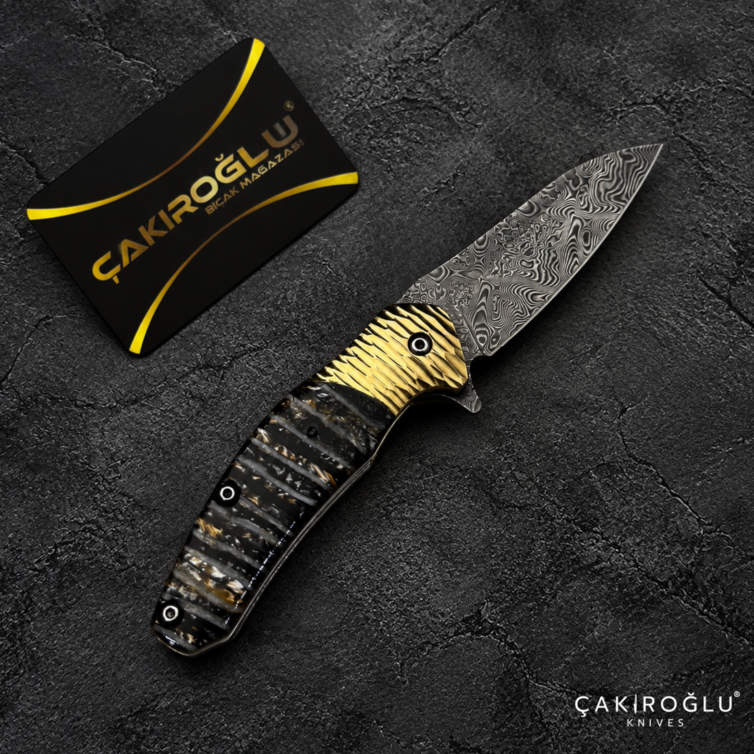 Limited Edition Stainless Damascus Steel Folding Knife with Mammoth Tusk Handle