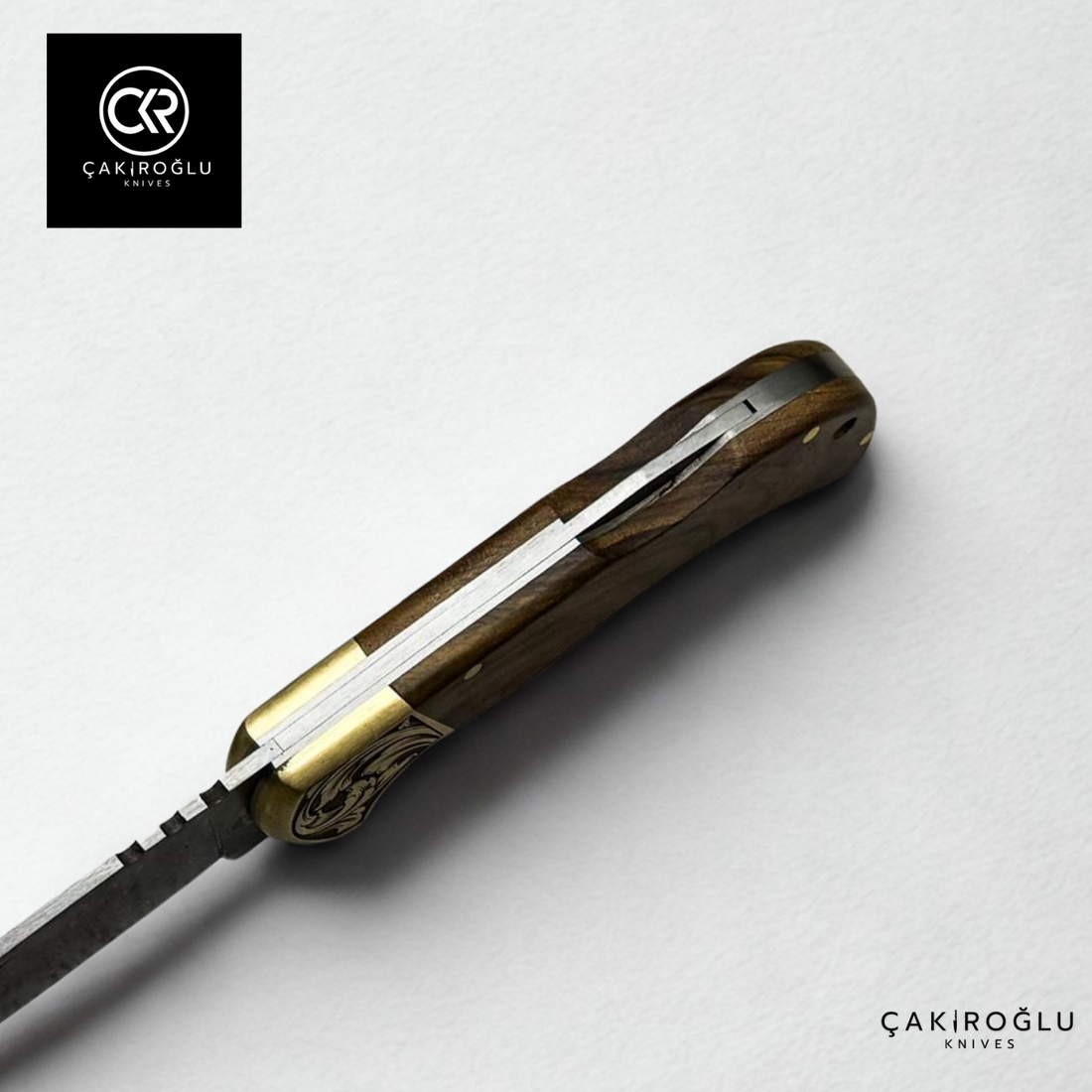 Handcrafted Custom Folding Knife - Damascus Steel & Engraved Brass Apron