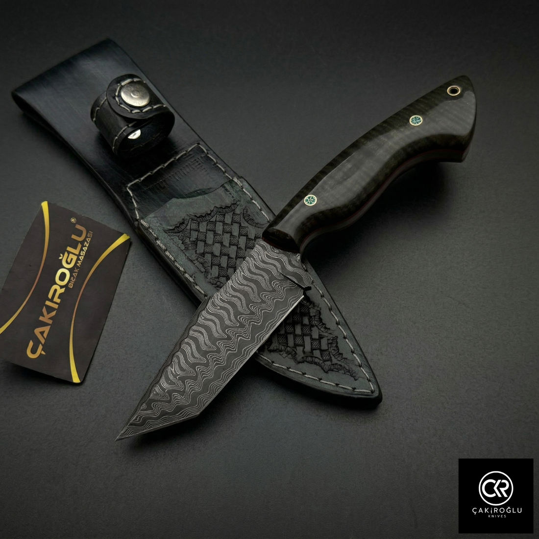 Çakıroğlu Handmade Custom-made Damascus Steel & Stabilized Tulipwood Handle Tanto Model Hunting Knife
