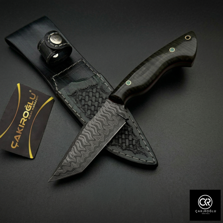 Çakıroğlu Handmade Custom-made Damascus Steel & Stabilized Tulipwood Handle Tanto Model Hunting Knife