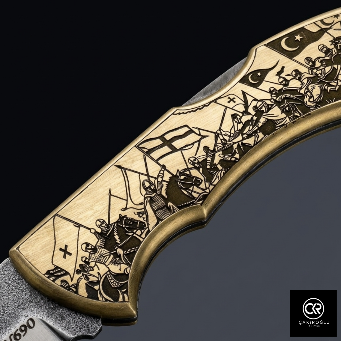 Showy Series - Ottoman War Design Engraved Brass Handle Folding Knife
