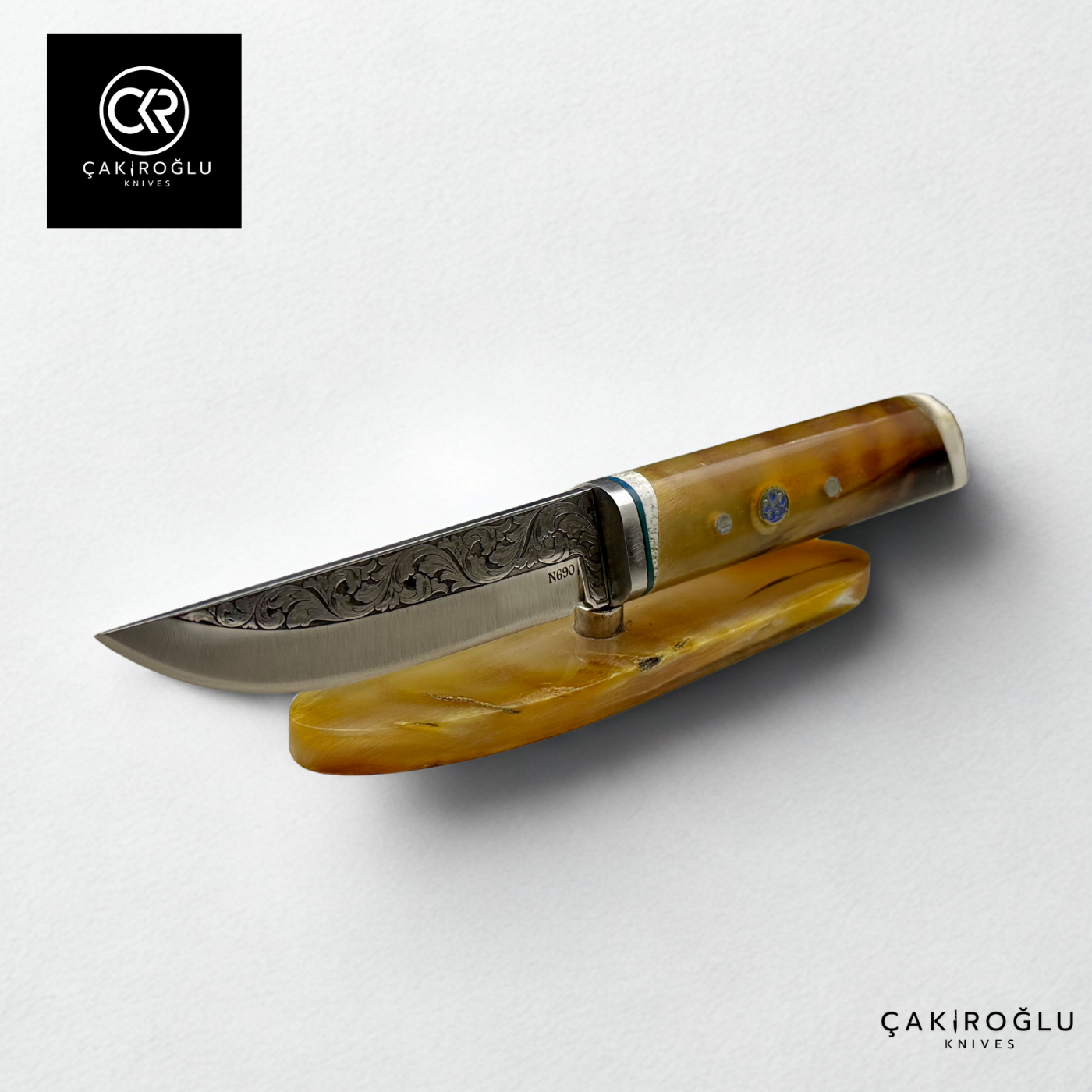 Custom Engraved Knife with Bone Stand - Bone (Ram Horn) Handle