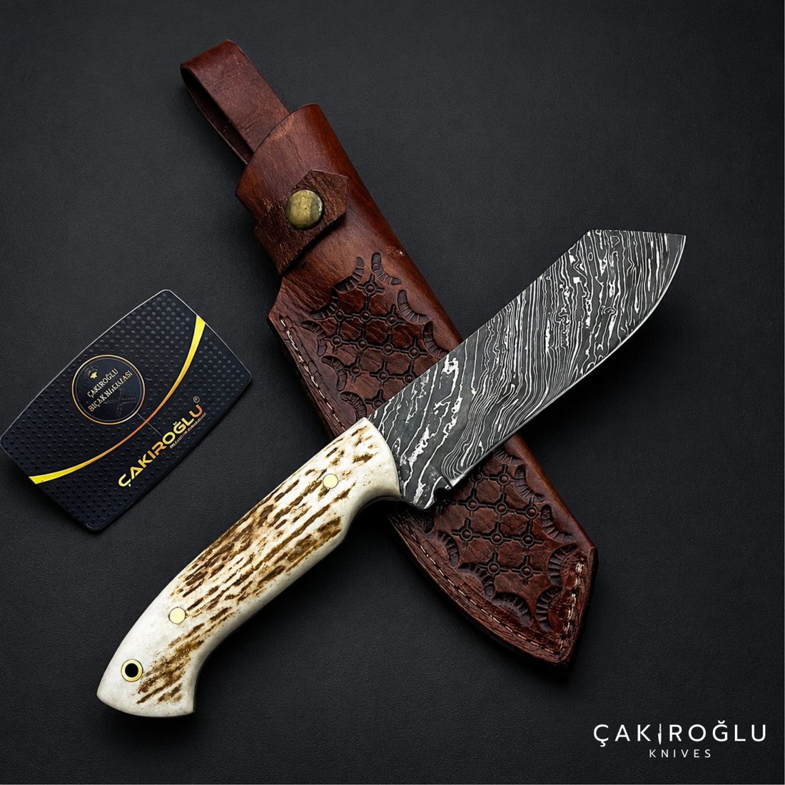 Handcrafted Custom-made Damascus Steel & Deer Antler Handle Hunting Knife