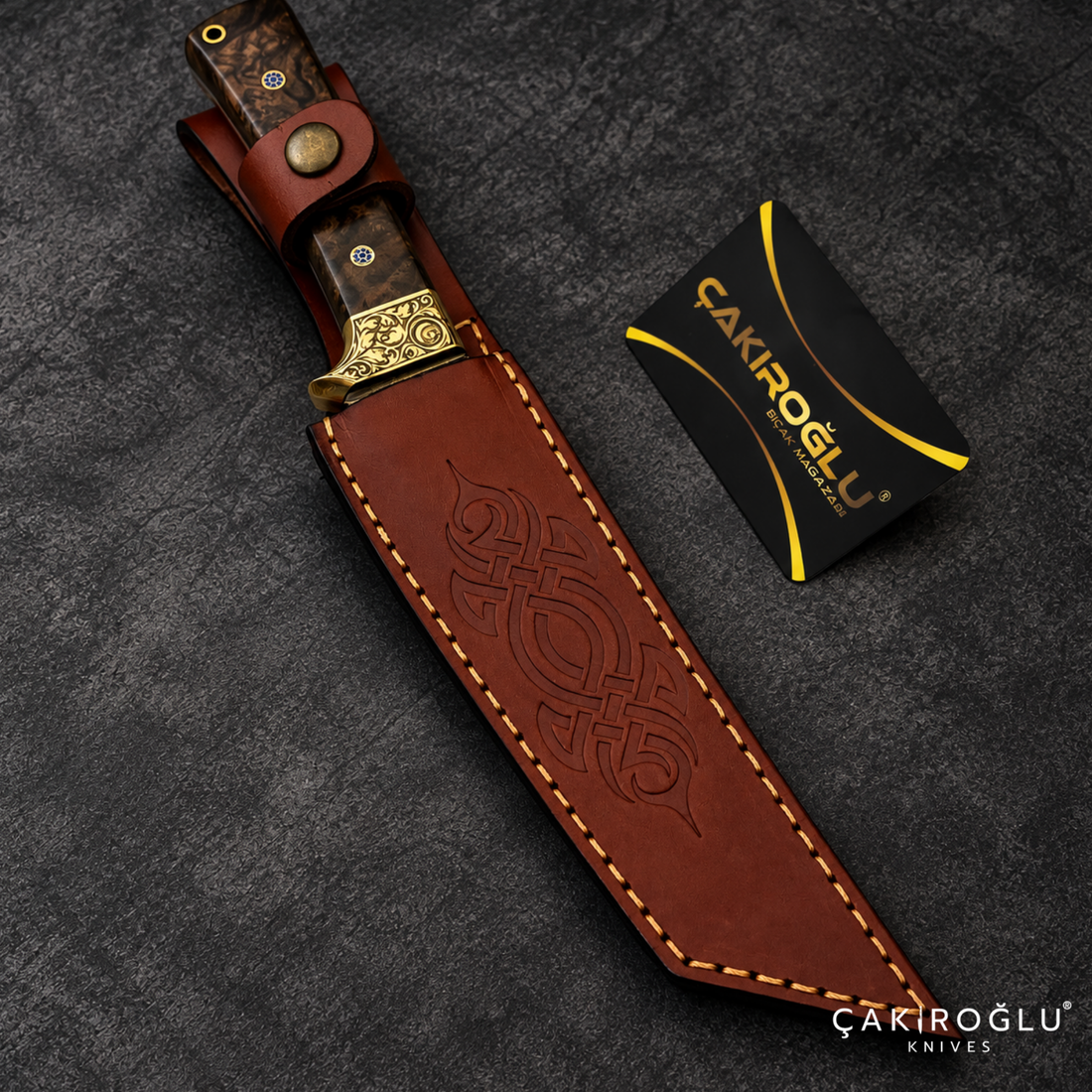 Çakıroğlu Tusk - N690 Steel Engraved Tanto Hunting Knife with Walnut Handle & Sheath