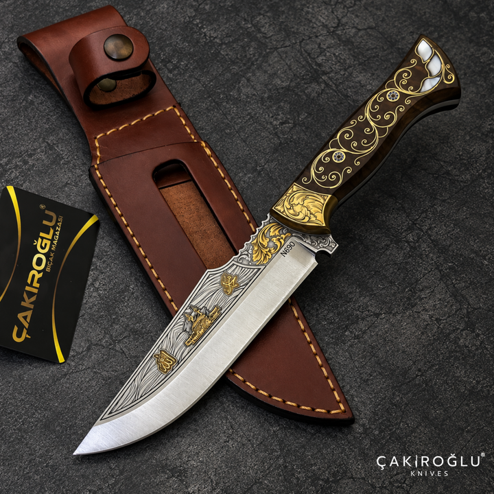 Çakıroğlu Handmade N690 Hunting Knife, Gold Engraved, Walnut Handle, Mother of Pearl