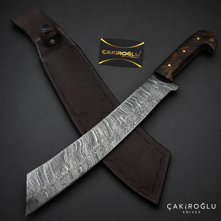 Handmade Damascus Steel Hunting Tanto Machete Knife, Walnut Handle