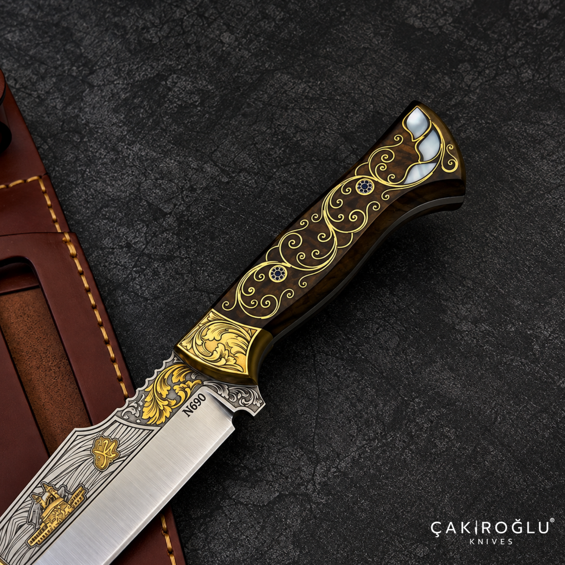 Çakıroğlu Handmade N690 Hunting Knife, Gold Engraved, Walnut Handle, Mother of Pearl