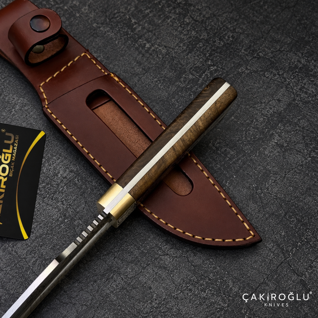 Çakıroğlu Handmade N690 Hunting Knife, Gold Engraved, Walnut Handle, Mother of Pearl