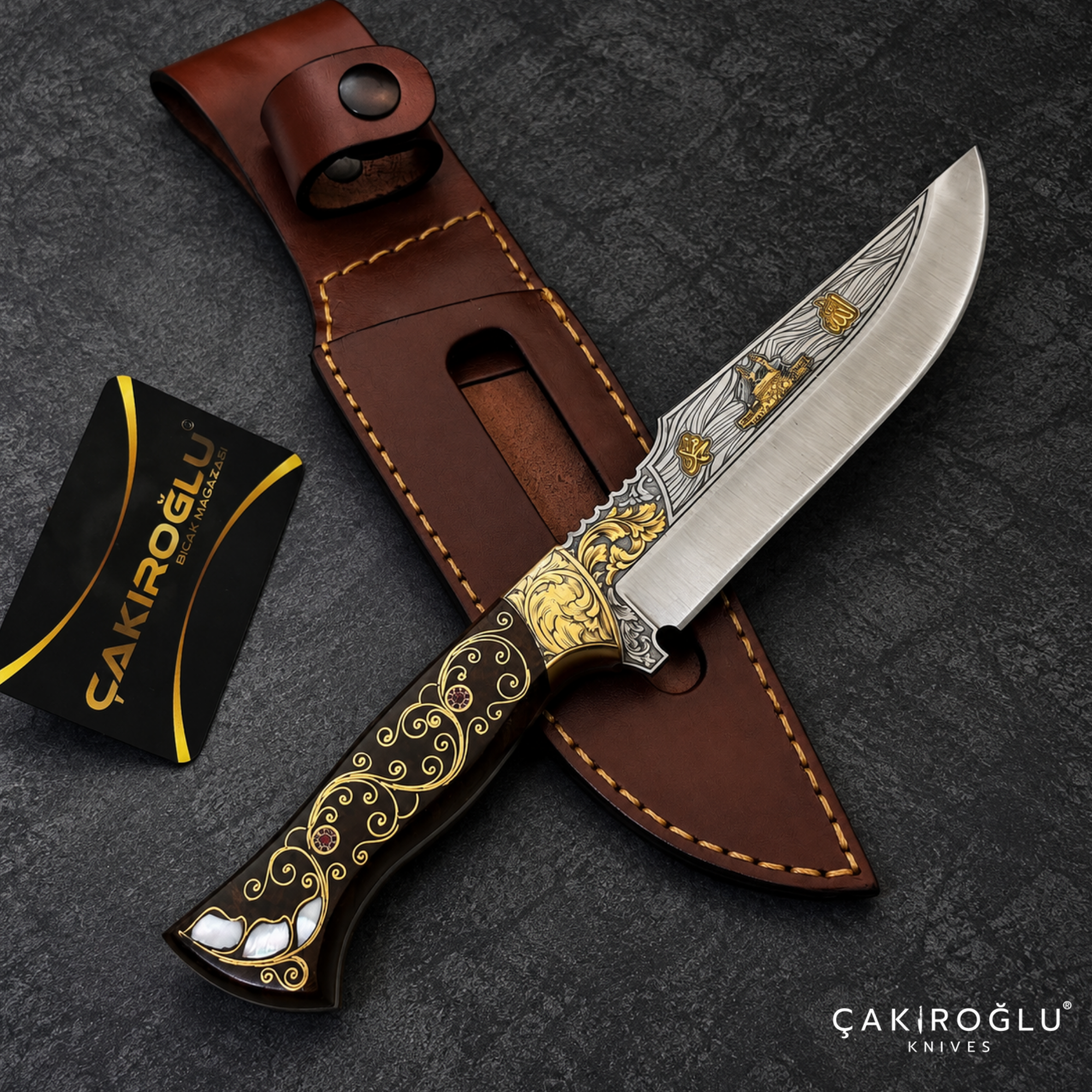 Çakıroğlu Handmade N690 Hunting Knife, Gold Engraved, Walnut Handle, Mother of Pearl