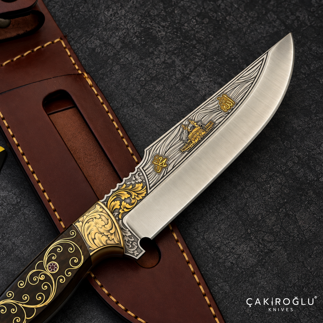 Çakıroğlu Handmade N690 Hunting Knife, Gold Engraved, Walnut Handle, Mother of Pearl